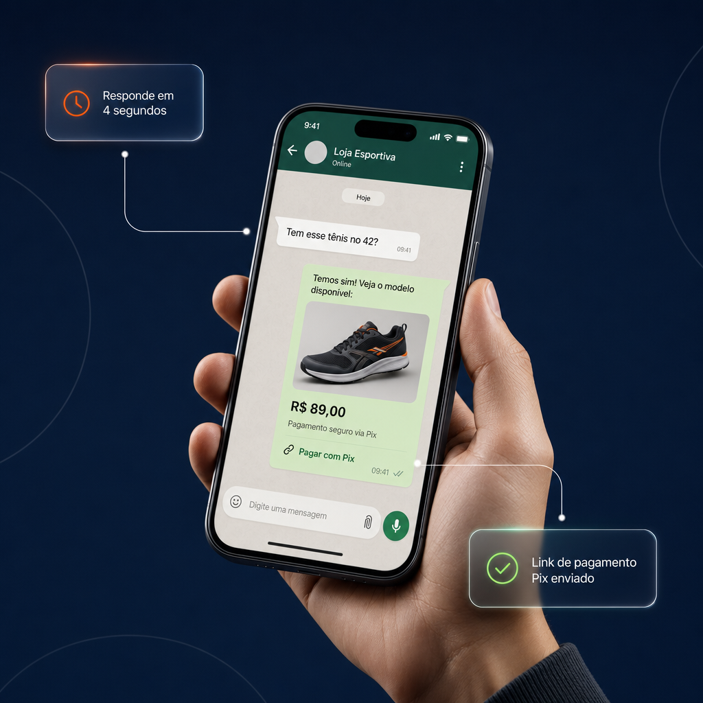 IA da Rekta atendendo cliente pelo WhatsApp — responde com foto do produto, preço e link de pagamento Pix