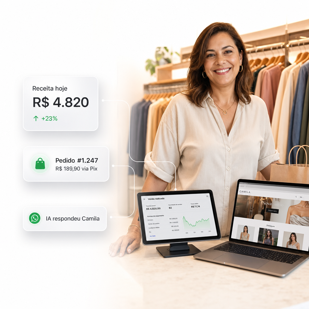 Empreendedora gerenciando loja com PDV e e-commerce Rekta