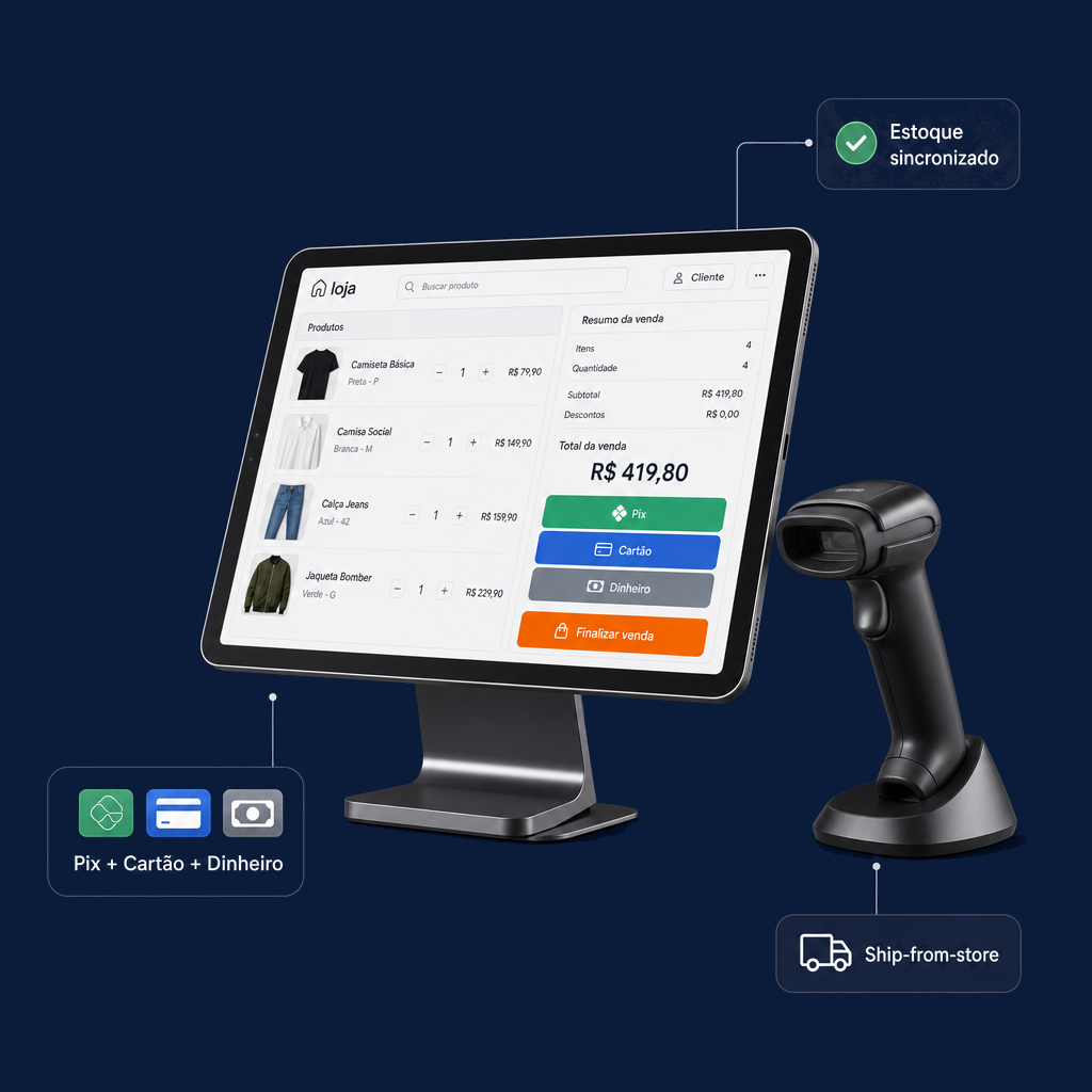 Rekta PDV — tablet com ponto de venda, leitor de codigo de barras, estoque sincronizado